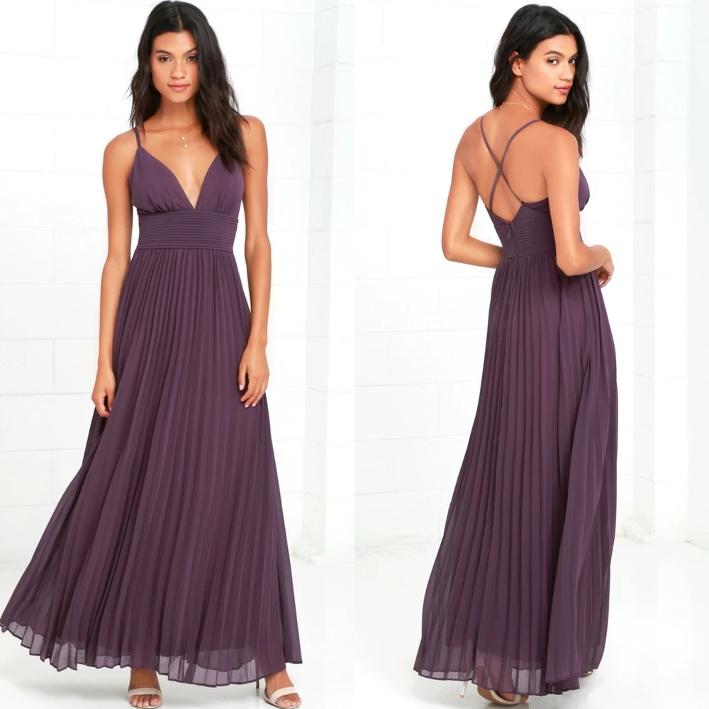 LULUS DEPTHS OF MY LOVE DUSTY PURPLE V-NECK PLEATED MAXI DRESS